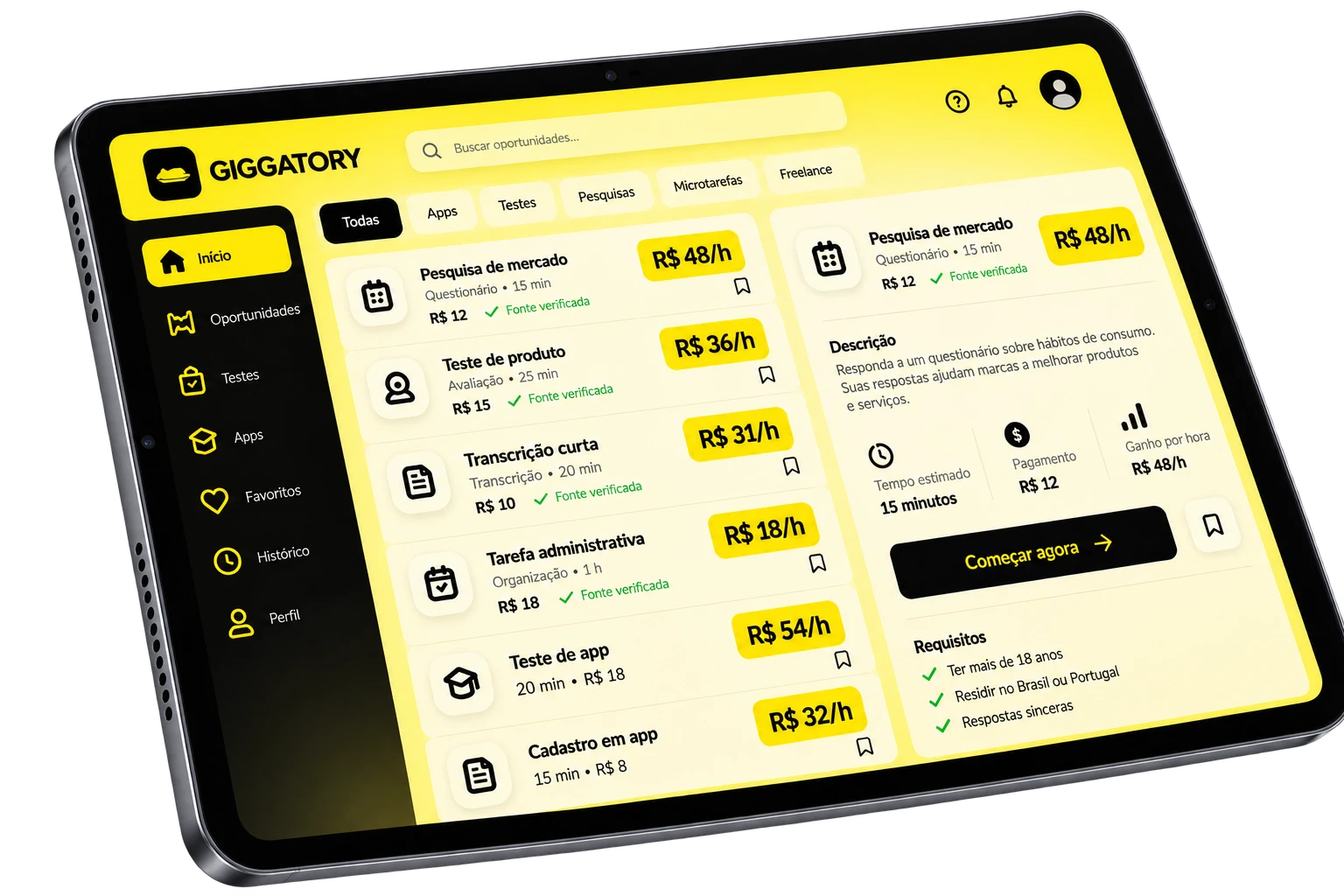 Giggatory no tablet, detalhes da oportunidade e requisitos